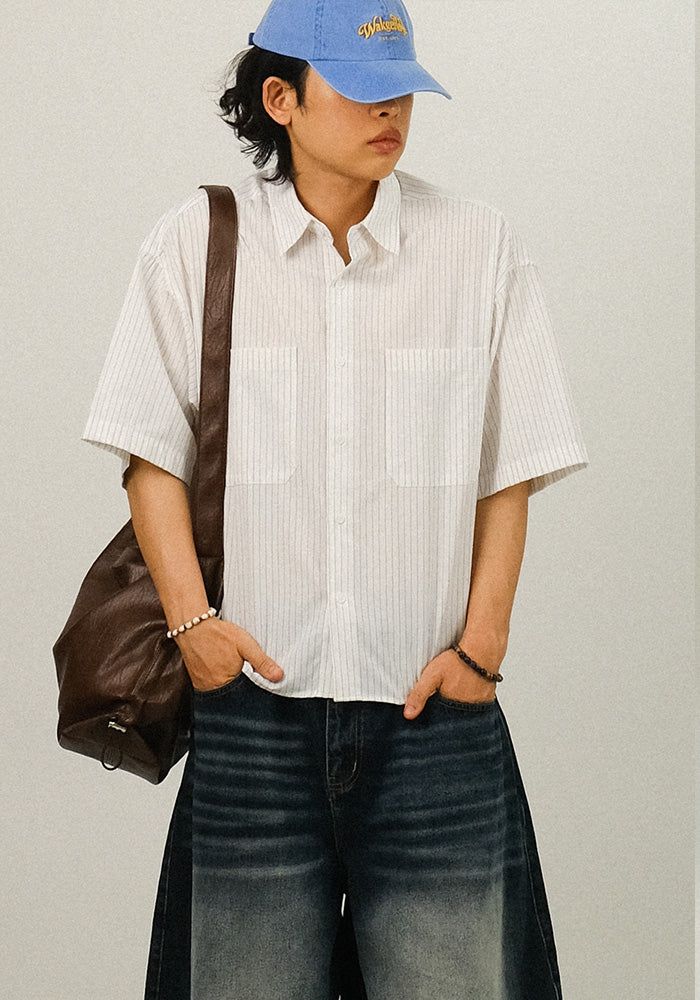 SEMIKAJI(セミカジ)の「PU Stripe Crop Half Shirts(Tops)」