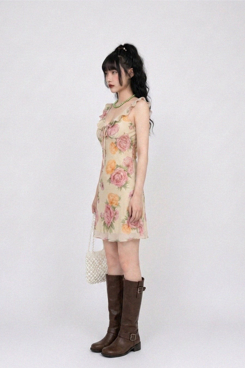 VINTAGE ROSE RUFFLE-STRAP MINI DRESS