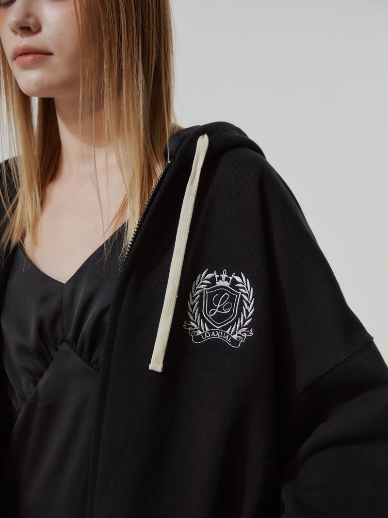 HEAVY WEIGHT OVERFITTED UNIVERSITY LOGO EMBROIDERY HOODIE ZIP UP_ BLACK