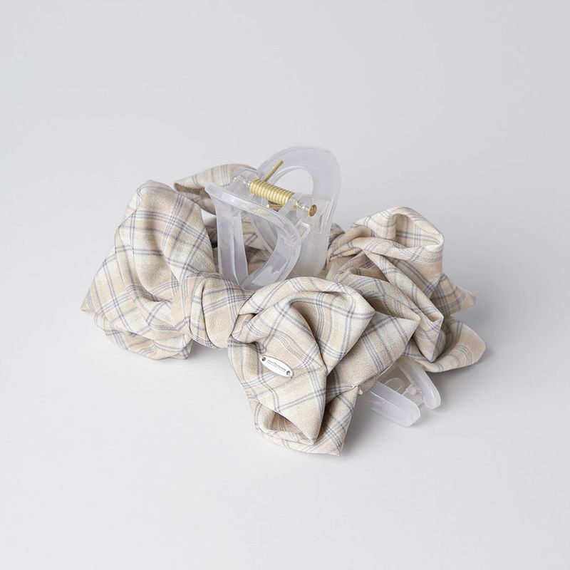 CHECK CHIFFON RIBBON CLAW CLIP (LIGHT BEIGE)