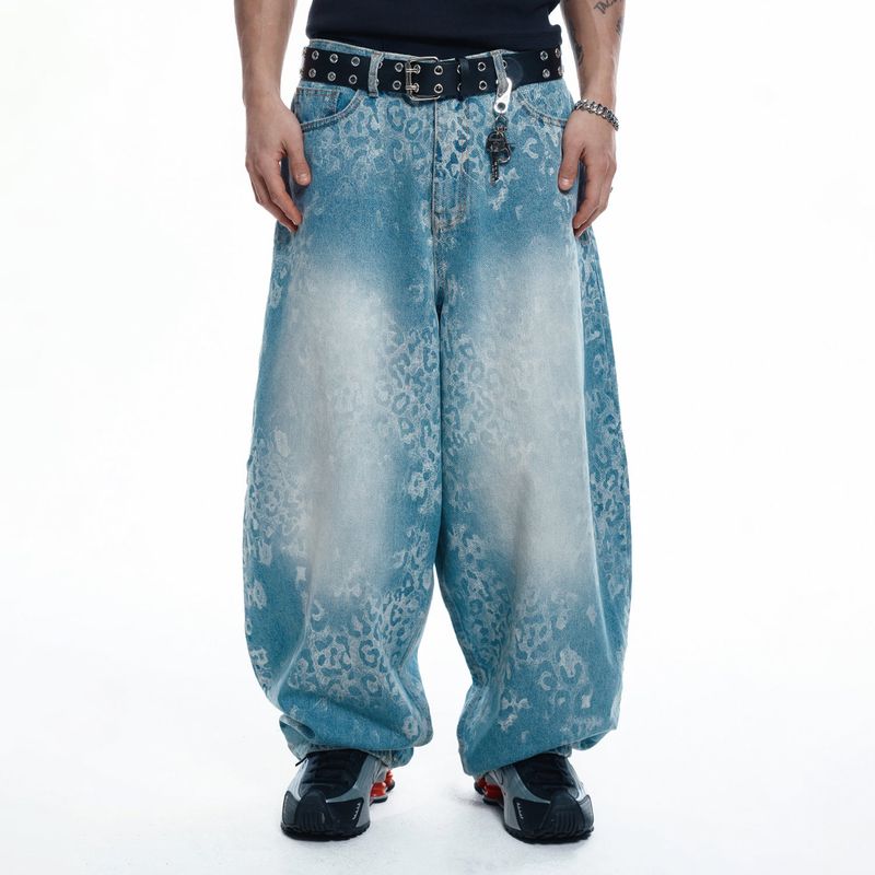 Sun Patch Leopard Balloon Denim Pants - LIGHT BLUE