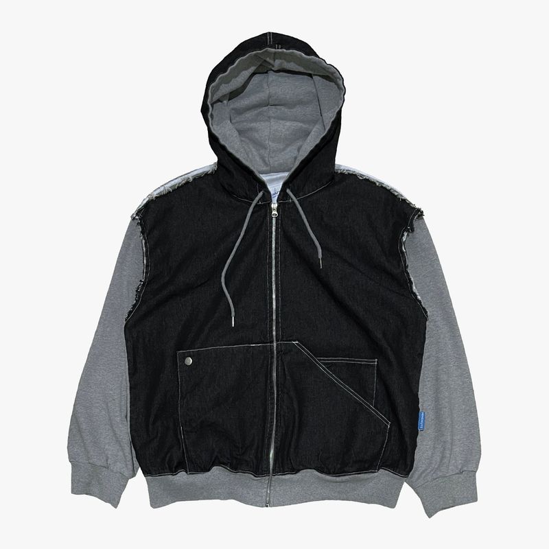 layered deconstructed zip-up hoodie_black