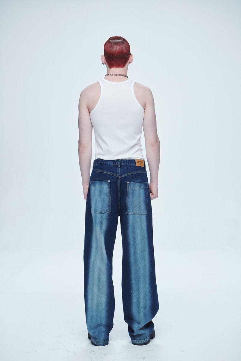 Hyper Brush Washing Wide Denim Pants Blue