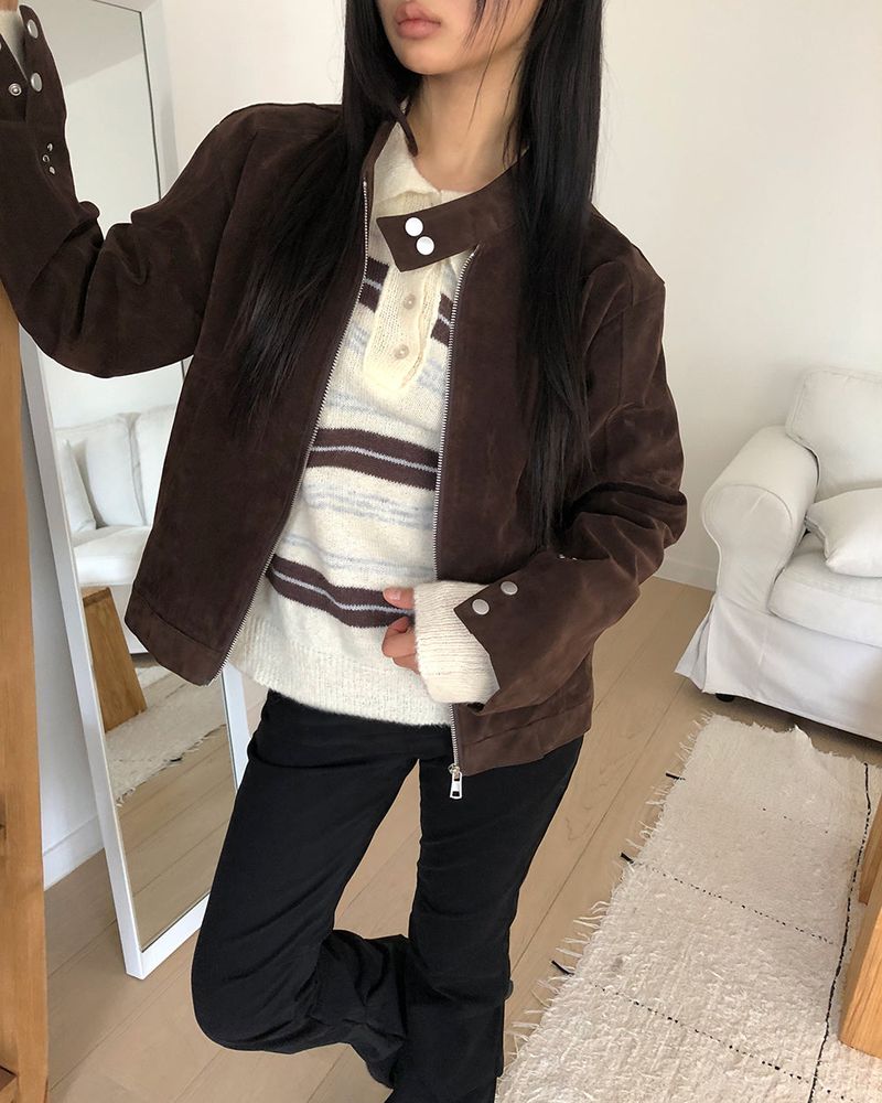 Apit Suede High-Neck Stud Seam Long Sleeve Jacket