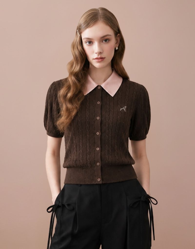 TWEEDY-A（ツウィーディア）の「[PRE-FALL] エロディ シルク カラー ケーブル ニット ショートスリーブ カーディガン ブラウン（トップス）」