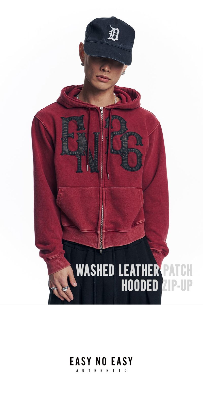 Washed Leather Patch Hooded Zip-Up - Wine