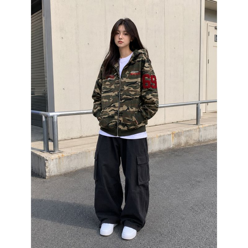 [Unisex] no.69 Oversized Camo Hoodie Zip-up