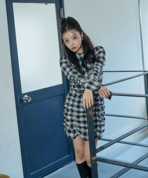 チェックギャザーミニワンピ