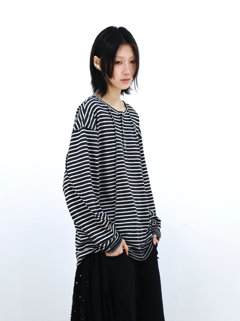 RELABEL (Vision) ライトウェイトベルベティストライプパッチワークロングスリーブTシャツスタッドディテール＆スクープネック