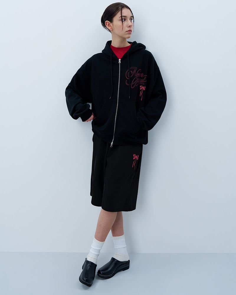 PINK RIBBON LOGO HALF PANTS-BLACK