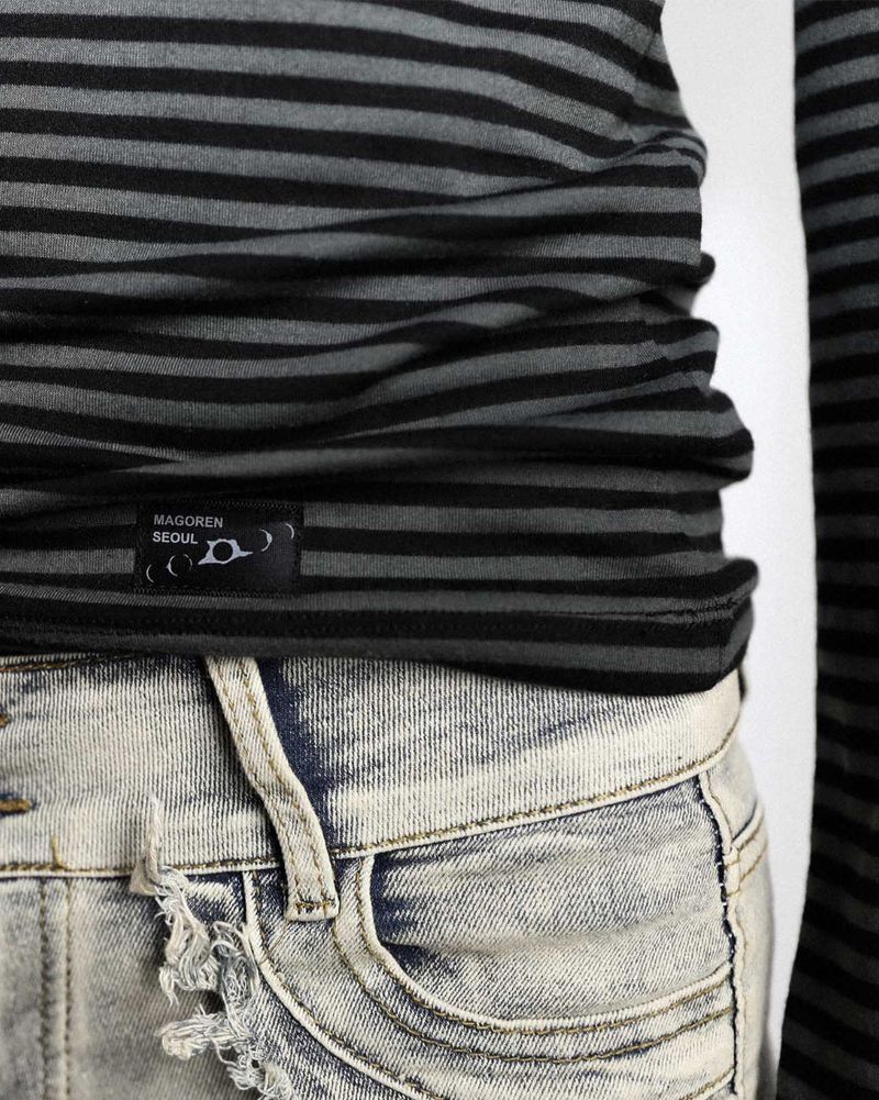 Henley Neck Long Sleeve Stripe Black