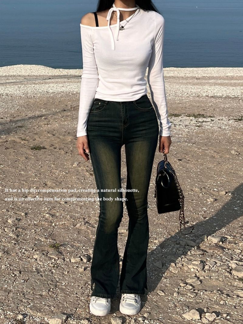 LONG & SLIM FIT Slit detail bootcut high waist hip deep pad long denim pants (3 colors)