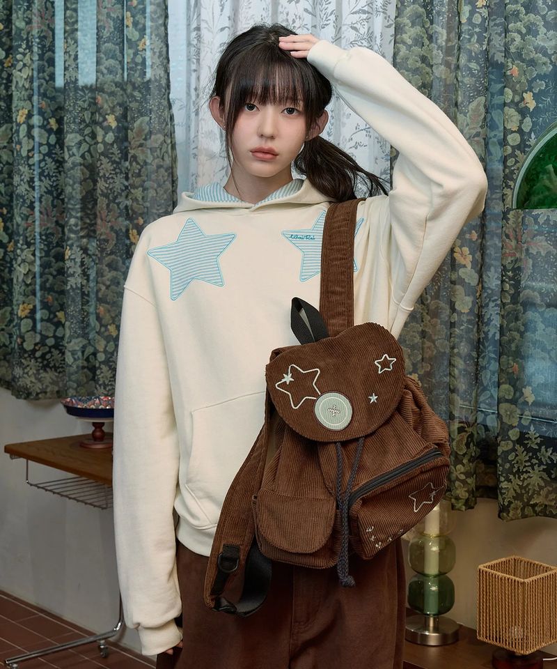 Button Applique Corduroy String Backpack