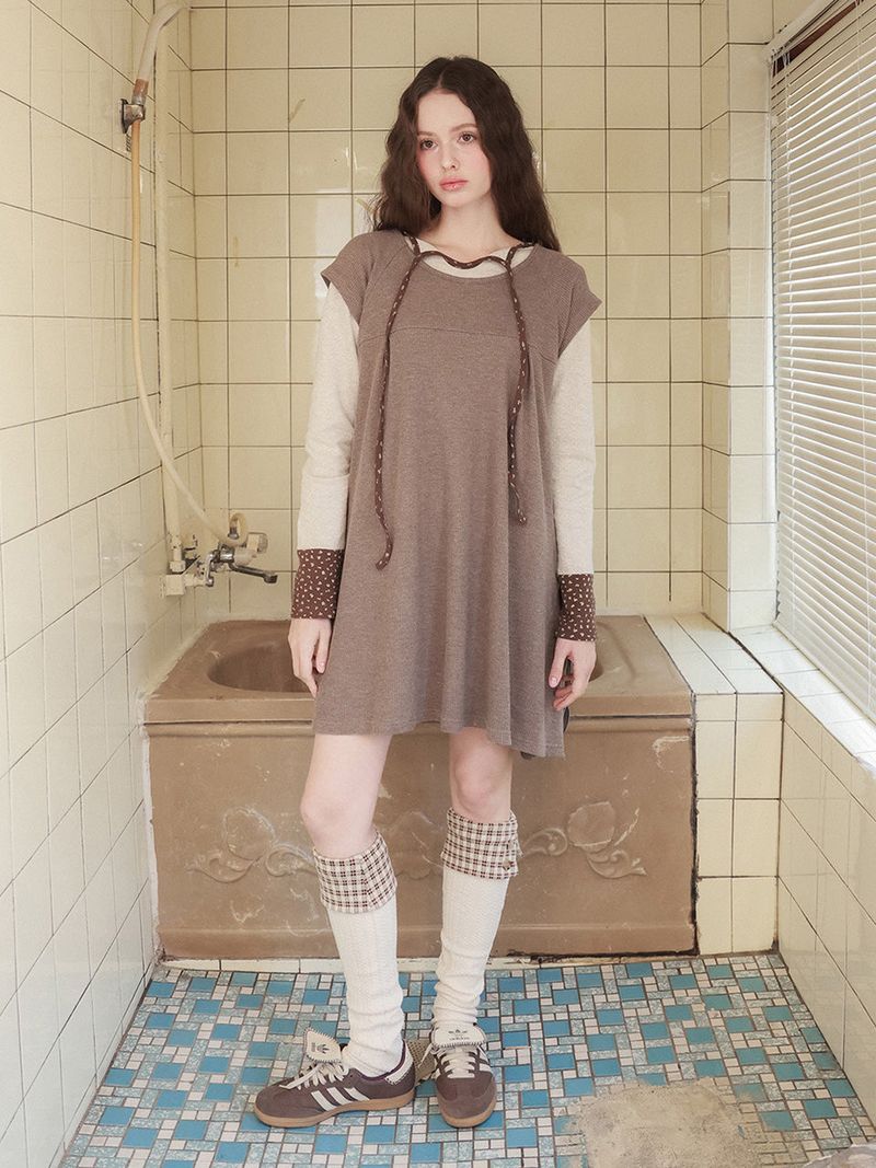 Pintuck waffle flare dress  / beige