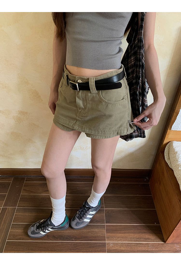 khaki cotton mini pants skirt