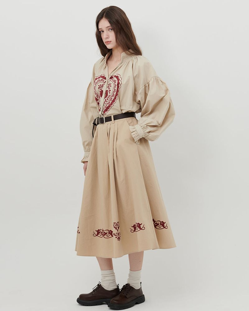 ORNAMENT PRINT MIDI SKIRT [BEIGE]
