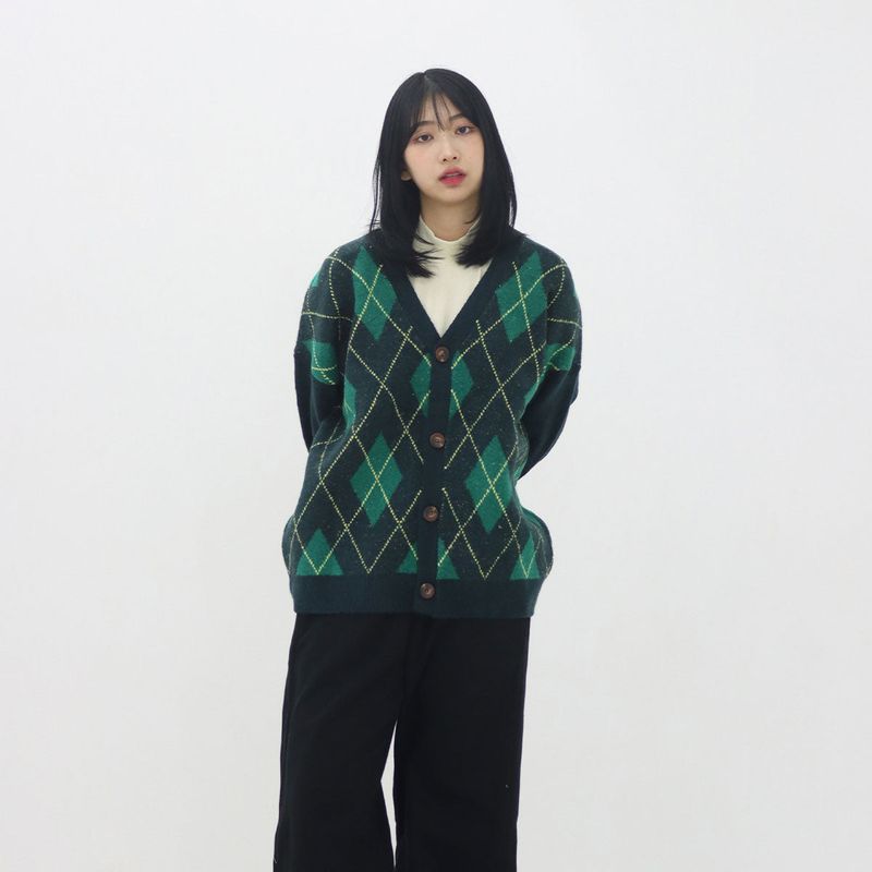 Bulky Brush and Argyle Cardigan_3color