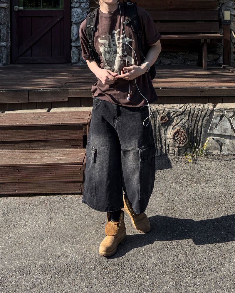 Kazen Washed Cargo Bermuda Denim Pants