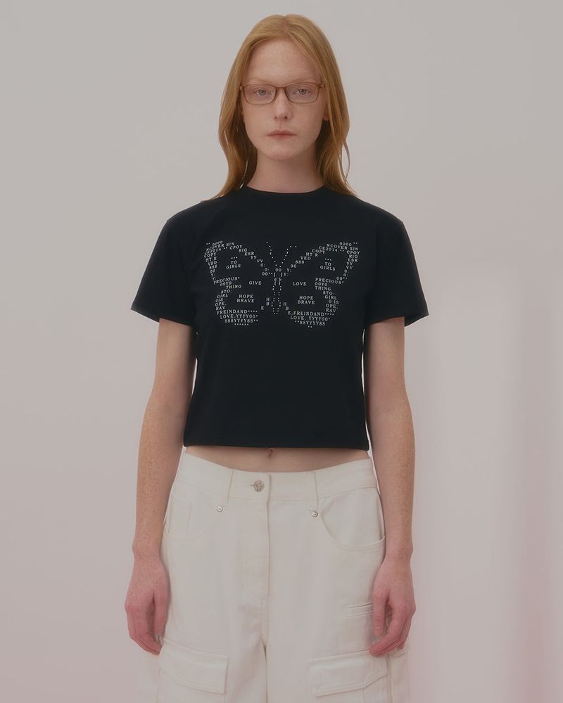 TEXT BUTTERFLY CROP TSHIRT-BLACK
