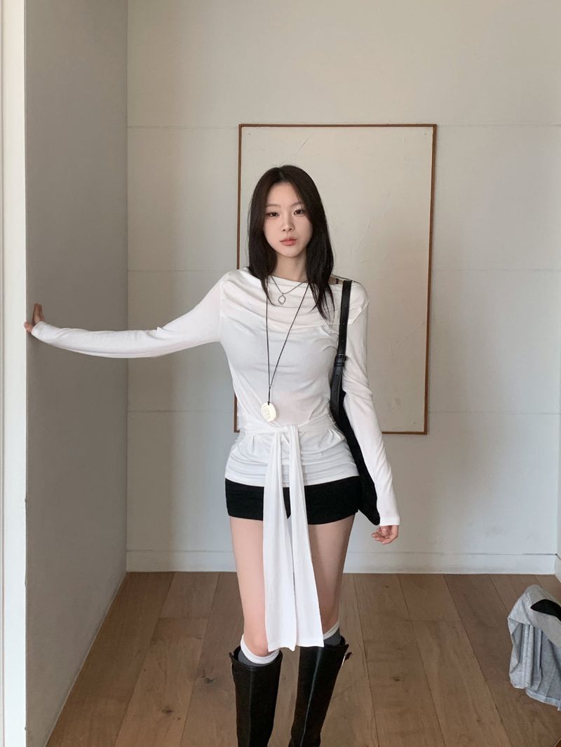 Loving Front Wrap Tie Boat Neck Long Sleeve Tee 