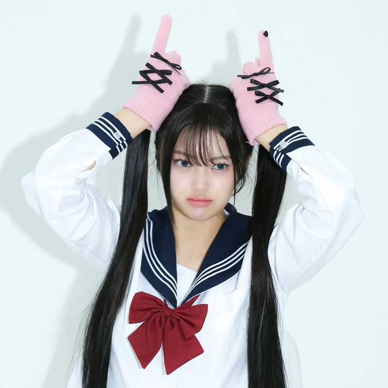 0 4 ribbon knit gloves - PINK