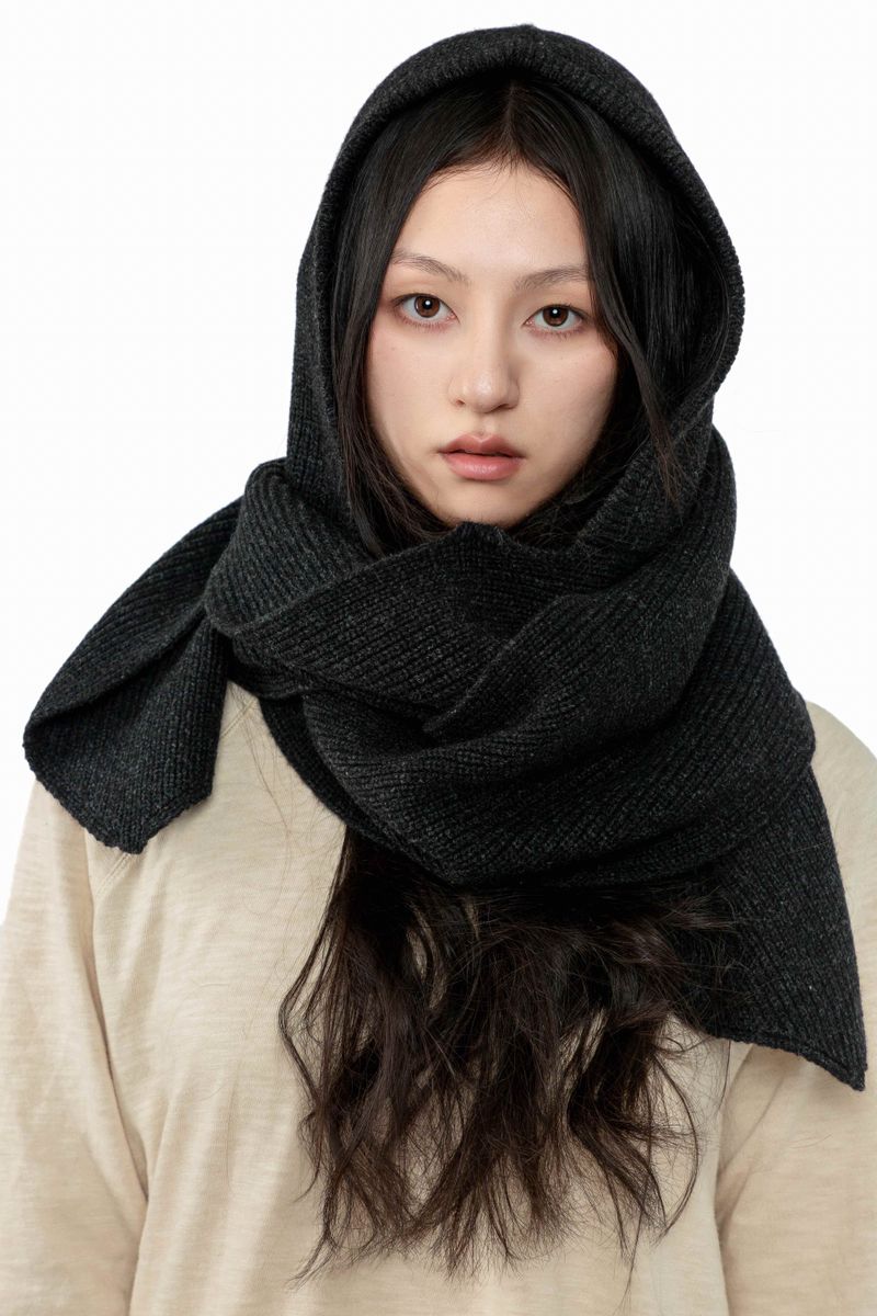 Yak Wool Ribbed Hooded Scarf