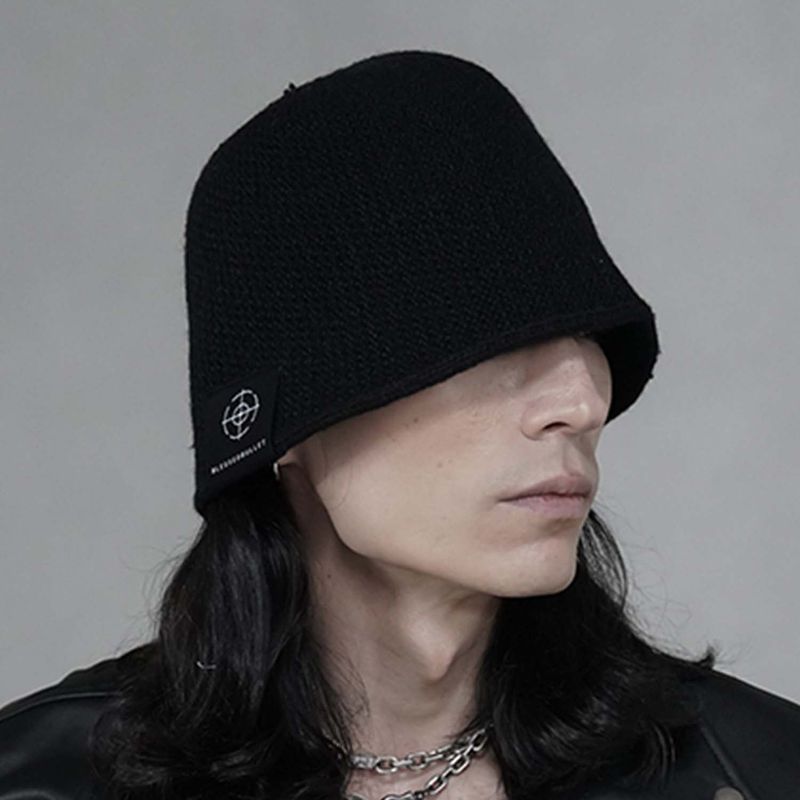Over size long logo knit bucket hat_cold black
