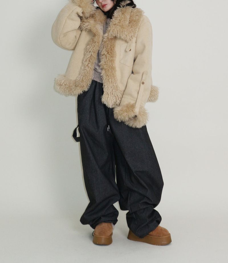 Terry Stripe Banding Carpenter Wide Denim Pants (for all four seasons)