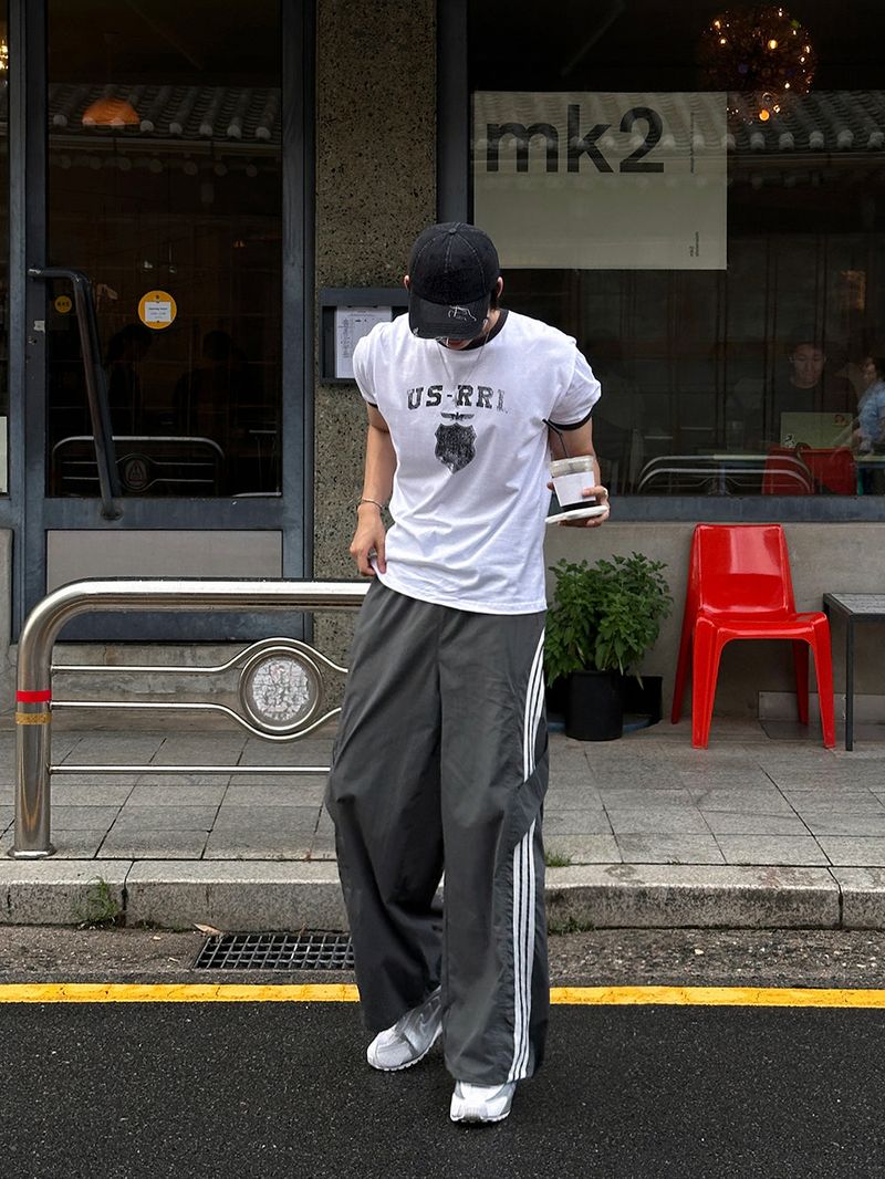 [SET] US Vintage Ringer Short-Sleeve T-Shirt + Valen Cut-Line Track Nylon Pants