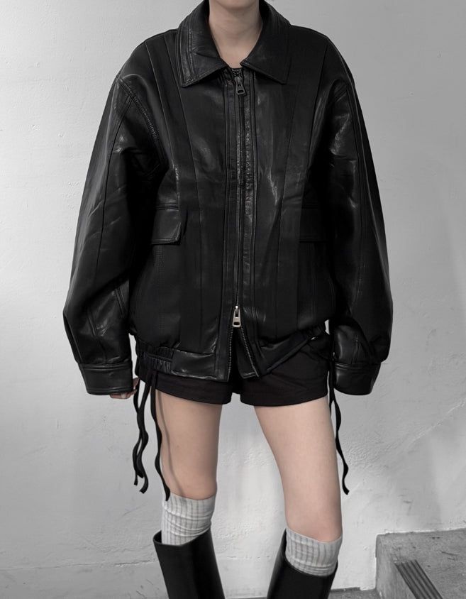 (unisex) Panel Deep Two-Way Leather Jacket