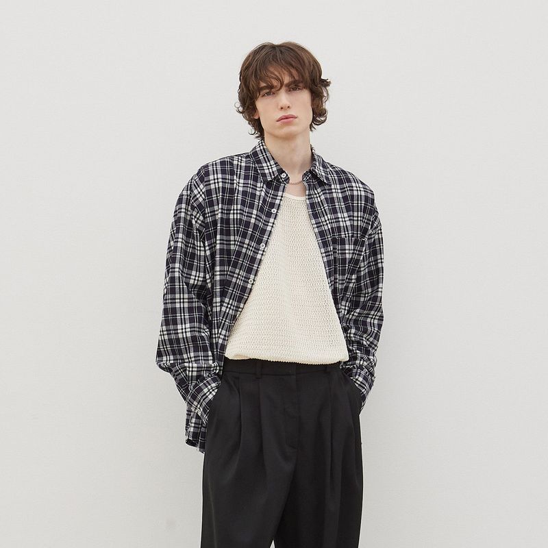Wide Check Overfit Shirt (Navy)
