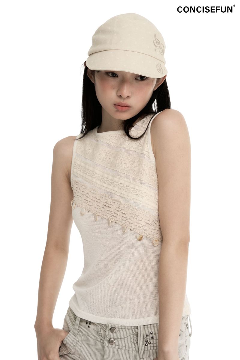 CONFUN（コンファン）の「CONFUN Micro-Translucent Lace Ribbon Patchwork Sleeveless Top（Tops）」