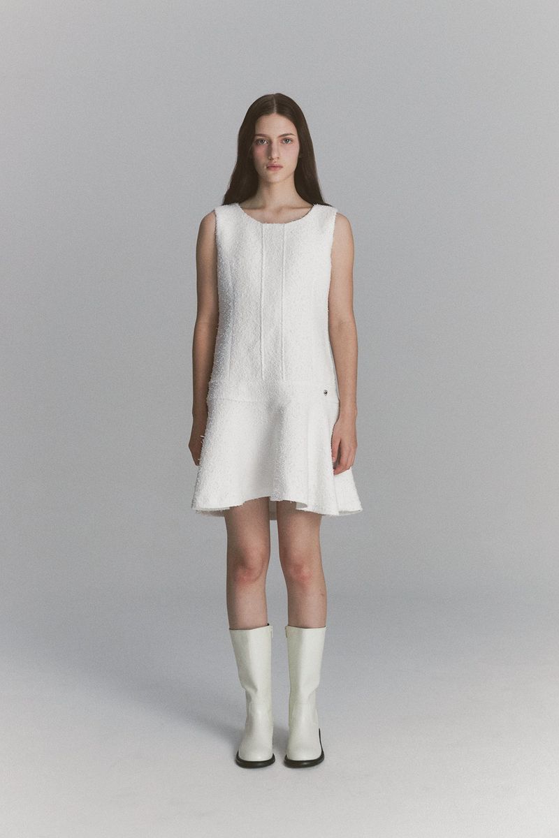 Back Ribbon Tweed Dress White