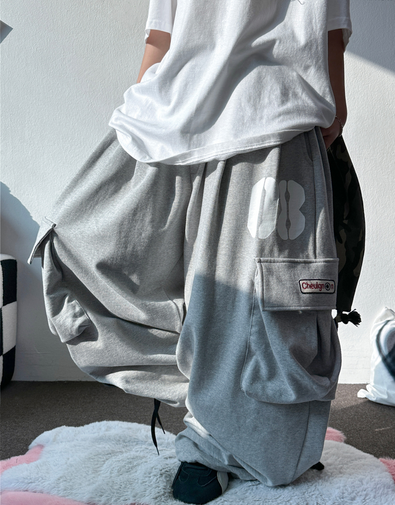 NUMBERING PATCH SWEAT BALLOON LOOSE WIDE CARGO PANTS 🩵🩶🖤 - 3 COLORS