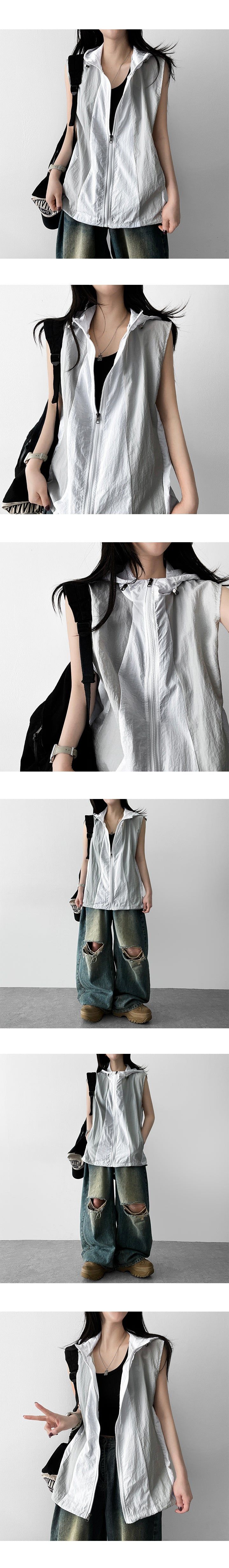 I-Nylon Coloring Hooded Vest Zip-Up