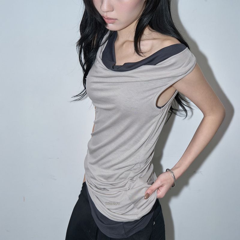 COWL DRAPE TWO-WAY TOP (WARM GRAY)