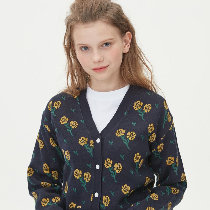FLOWER JAQUARD KNIT CARDIGAN_NAVY