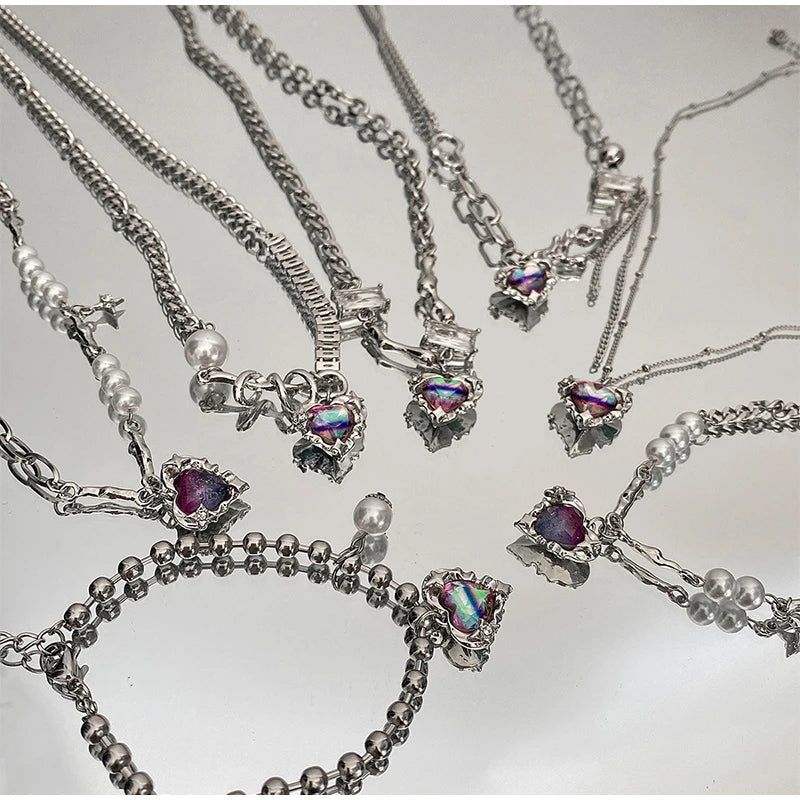 0097 Violet heart linked pearl bracelet