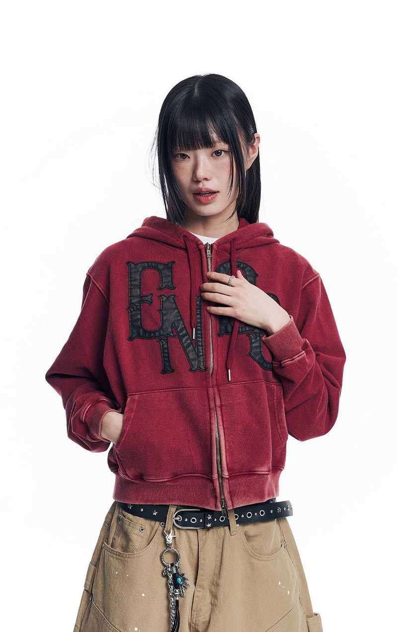 Washed Leather Patch Hooded Zip-Up - Wine