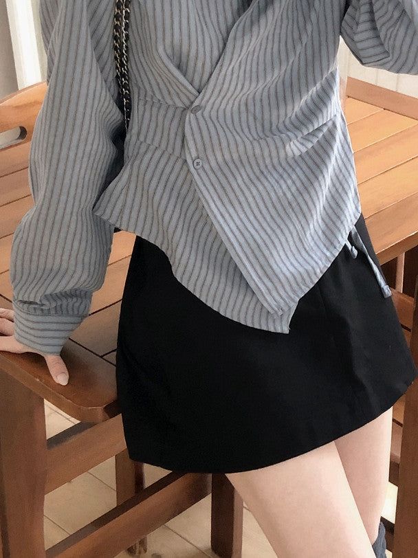 MT Pintuck Strap Button Stripe Wrap Shirt (3color)