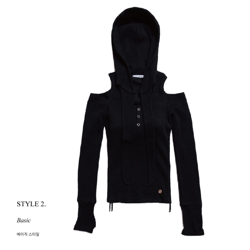OFF SHOULDER HOODED LONG SLEEVE BLACK