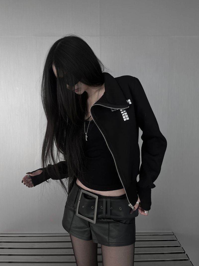 cross stud diagonal warmer zip-up (fleece-lined / 2color)