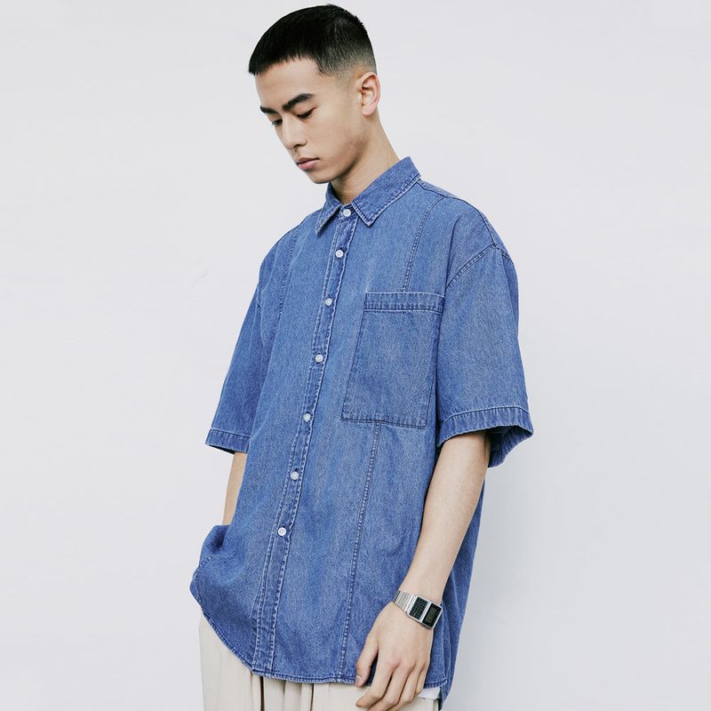 FRONT SEAM WASHED DENIM SHIRT LIGHTBLUE