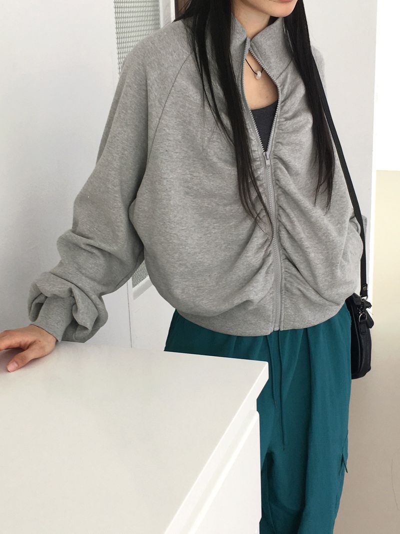 Fringe shirring pleated high neck zip-up