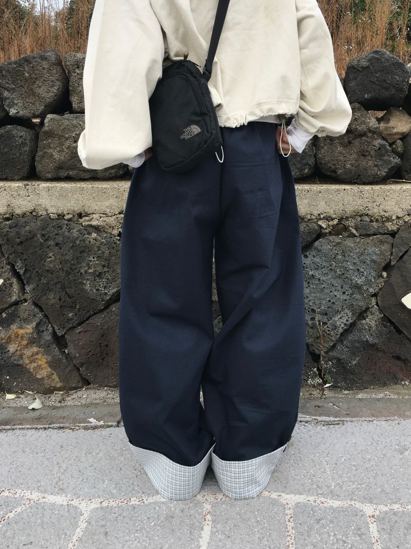 Checky Button Roll-up Wide Pants (2c)