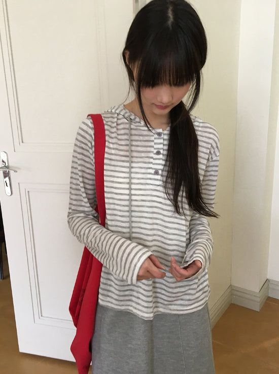 BAON（バオン）の「Sayu Stripe Button Hood Long Sleeves（Tops）」