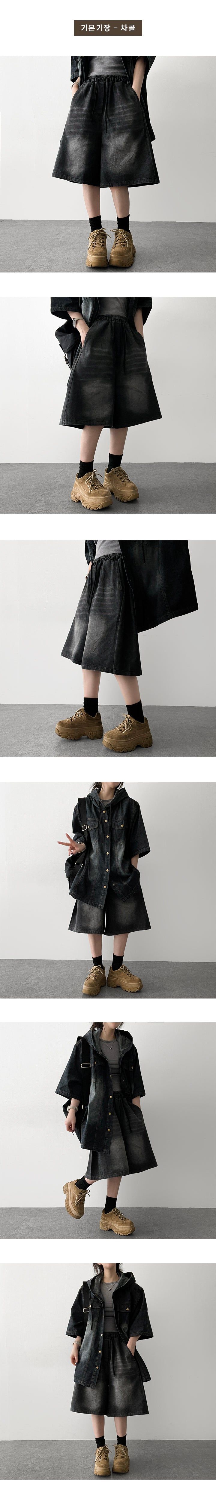 [Basic & long] Ichi banding side pintuck pleated denim Bermuda shorts