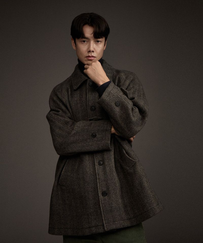 BALMACAAN HERRINGBONE WOOL CASHMERE HALF COAT BLACK
