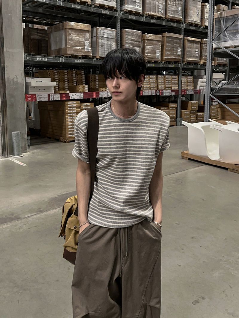 WHAT A LOOK（ワット ア ルック）の「Bent Waffle Stripe Short Sleeve T-shirt（Tops）」