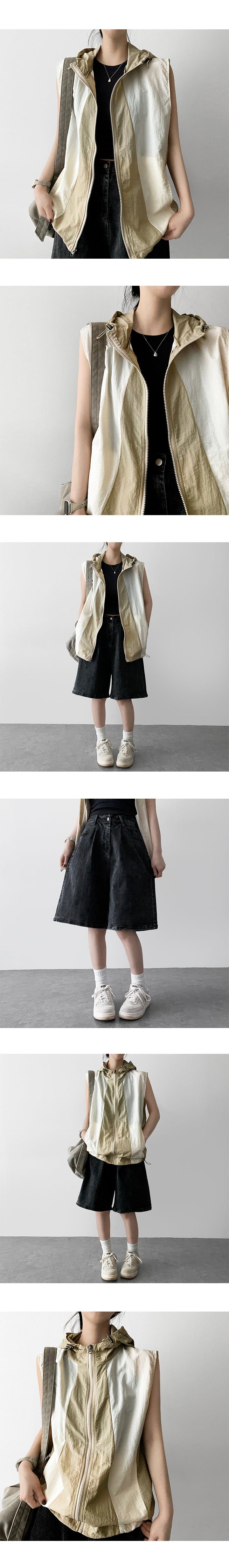 I-Nylon Coloring Hooded Vest Zip-Up